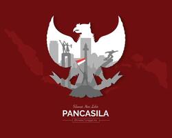 Pancasila Day Red Background With Indonesia Map, Landmark And Garuda vector