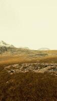 Ebene mit getrocknetem Gras und Berggipfeln im Hintergrund video