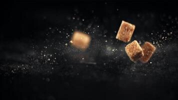 Sugar cubes falling on a black background. High quality FullHD footage video