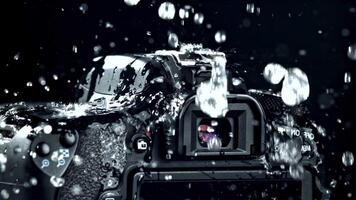 Super slow motion drops of water fall on camera, lens. High quality FullHD footage video