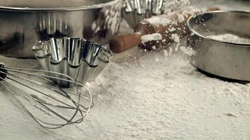 Super slow motion flour falls on the table. On a white background. Filmed on a high-speed camera at 1000 fps. video