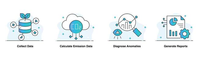 Environmental Monitoring icons. Icons representing Collect Data, Calculate Emission Data, Diagnose Anomalies, Generate Reports. vector