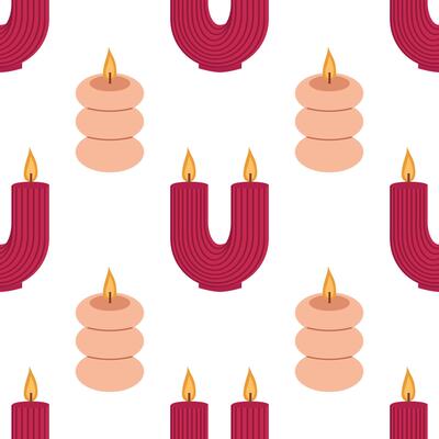 Trendy candles of various shapes and colors. Seamless pattern background for packaging, fabric, wallpaper.