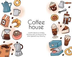 Coffee menu template with different coffee elements. Cute cartoon icons in doodle style. Illustration. vector