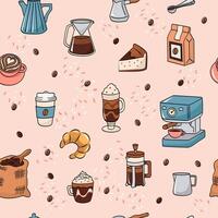 Coffee shop cute pink seamless pattern. Coffee bakery background. vector