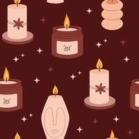Trendy candles of various shapes and colors. Seamless pattern background for packaging, fabric, wallpaper. vector