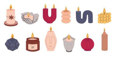 Set of trendy candles of various shapes and colors. Aroma candles in scandi style - collection on white background. vector