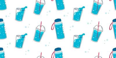 Water drinks seamless pattern. Water in glass, plastic bottle, thermos. Background for banner in cartoon style. vector