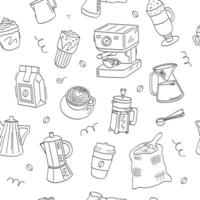 Coffee house. Cute doodle background. Seamless pattern. Coffee and buns on white background. vector