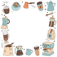 Coffee doodle icons frame. Coffee, coffee pot, coffee machine, bag of beans, latte, cappuccino, glass. vector