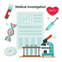 Medical investigation. A form with the results of laboratory tests. Laboratory equipment, dna, test tube, petri dish, microscope. vector