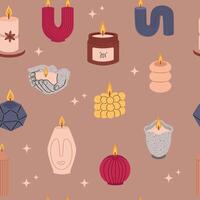 Trendy candles of various shapes and colors. Seamless pattern background for packaging, fabric, wallpaper. vector