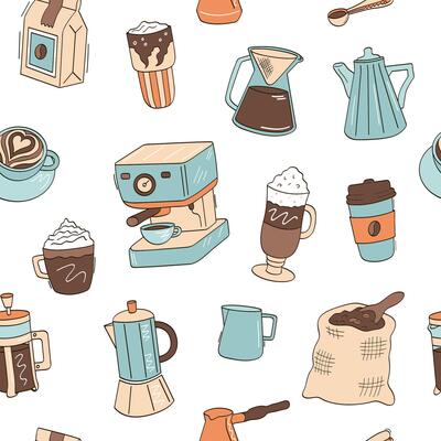 Coffee, coffee pot, coffee machine, bag of beans, latte, cappuccino, glass. Color seamless pattern.