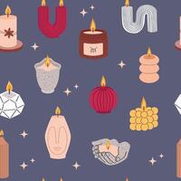 Trendy candles of various shapes and colors. Seamless pattern background for packaging, fabric, wallpaper. vector