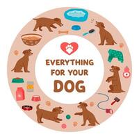 Pet shop circle banner with color illustrations. Dog bad, food, toy, animal paw, collar illustrations. Veterinary poster background. vector