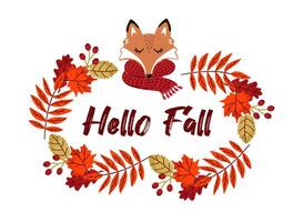 Autumn composition of leaves, a cute fox and the inscription - Hello Fall on white background. vector