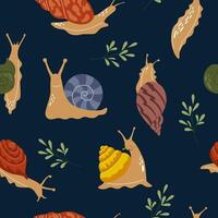 Seamless pattern of snails of different colors and shapes. Cute characters in cartoon style on blue background. Beautiful trendy background for packaging, fabric, wallpaper. vector