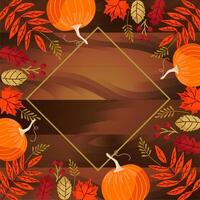 Autumn leaves, pumpkins and berries on a wooden table. Template with square frame for the autumn sale. A frame for a greeting card, a postcard. vector