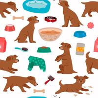 Cute puppies and pet products food, toys. Seamless pattern. Color background. vector