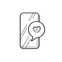 teléfono inteligente pantalla con corazón en habla burbuja. poner gustos. favorito, amor icono en garabatear estilo en blanco antecedentes. vector