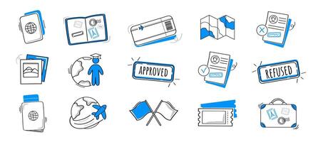 Travel icons collection. Relocation, emigration. Visa processing. Set of doodle style icons. vector