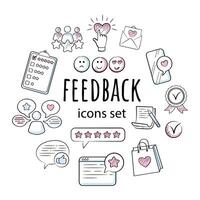 Feedback color set of doodle-style icons. Review, rating, five stars, like. vector