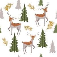 Seamless pattern with deers, fir trees and pine branches. Wrapping paper with animals. vector