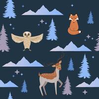 Seamless pattern with owl, fox and deer, fir trees and mountains on dark background. Wrapping paper with animals. vector