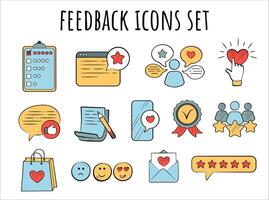 Feedback, review, rating, five stars, like. Cute doodle-style color icons set. vector