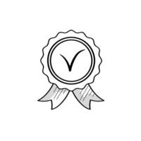 Award, premium quality, best choice, success, winner. Round medal with ribbon and a tick mark. Stylish icon in doodle style on white background. vector