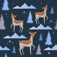 Seamless pattern with cute deers, fir trees and mountains on dark background. Wrapping paper with animals. vector