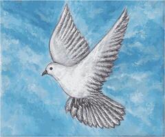 Graceful dove in flight painting. Hand-painted illustration of a serene dove in flight against a blue sky. vector