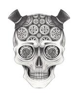 Steampunk skull tattoo design by hand drawing on paper. vector