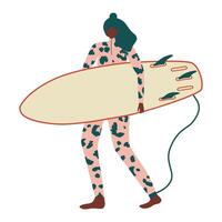 Girl surfer character in a leopard print wetsuit and with a surfboard. Summer illustration for printing on a T shirt, postcard, pillow, poster, textile and more. illustration in hand drawn style vector