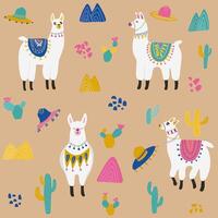 Seamless pattern with llama, sombrero, cactus, mountains and hand drawn elements. Creative childish texture. Great for fabric, textile, wrapping paper, pillow. Illustration. vector