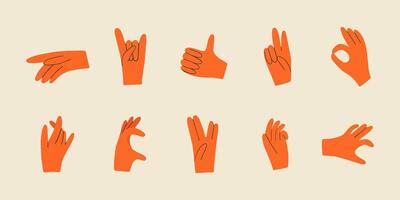 Set with various hands gestures. Different gestures, pointing finger. Trendy hand drawn colored trendy illustration. All elements are isolated. vector