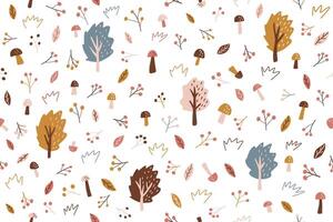 Abstract seamless pattern with autumn forest with fall leaves, berries and mushrooms. background for various surface. Fall endless background. vector