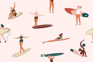 Retro Surfing seamless pattern in . Surf girls character in swimsuit with a shortboard and Longboard seamless pattern. Summer design for fabric, wallpaper, packaging paper, backgrounds and decor. vector