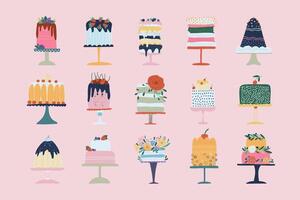 Flat set of cake birthday icons. Colorful delicious desserts, birthday cake with chocolate and vanilla cream, with berries and flowers. Cake birthday icon set. vector