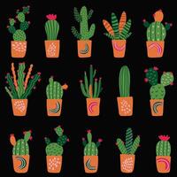 seamless pattern with different cactus in pots. Bright repeated texture with green cacti. Hand drawing natural black background with desert plants for fabric, textile, wrapping paper. vector