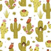 Desierto sin costura modelo con búhos y cactus gráficos. vector