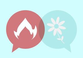 Fire and Flower speech bubble sign. Problem resolve control. Metaphor mind mental. Split personality. Concept Psychology. Dual personality mind. Mental health. vector