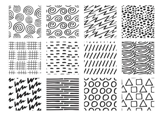 Hand drawn ink, texture set. abstract backgrounds in black and white. Doodle backgrounds.