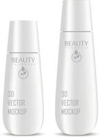 Cosmetic bottles mockup set for shampoo, moisturizer, conditioner or shower gel. Silver plastic realistic 3d illustration of cosmetics package with lid. Clear blank template for your design. vector