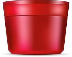 cosmético tarro Bosquejo para crema, ungüento, polvo y otro productos foto realista rojo embalaje modelo con rojo tapa. frente ver vector