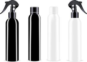 Spray bottles in black and white colour. Different sprayer lids. Cosmetic bottles mockup set. EPS10 illustration. vector