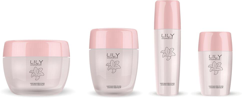 Glass or glossy plastic cosmetic bottles and jars package cream gar with closed lid, tonic bottle and solid deodorant. Cosmetics mockup illustration with sample label and logo for commercial needs.