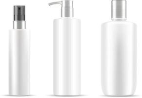 Three cosmetic bottles set in white color. Clean design easy to use. Different type of Jars with silver plastic caps. Dispenser pump, spray lids. Easy to modify color and put your label in it vector