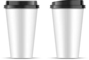 White paper coffee Cups set with different shape black lids isolated on white background. EPS10 Template design illustration. 3d realistic Coffee Cup Mockup. vector