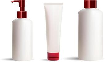 Set of cosmetic bottles and tubes mockup. Pearl white jars with red caps and dispenser. Clear Packaghing without label for your design of shampoo, cream, toothpaste, liquid soap, conditioner. vector